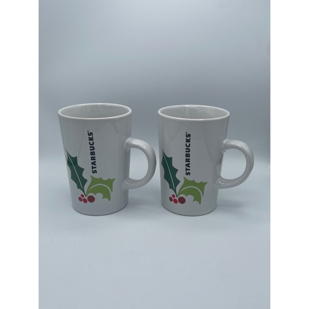 Starbucks 2011 Holiday Holly Berry Coffee Mugs Set of 2 White Ceramic 10.6oz